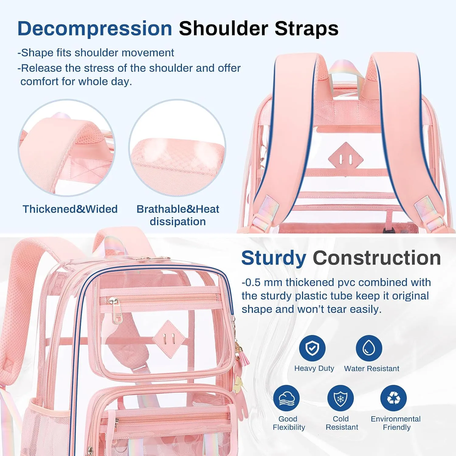 Clear Backpack for School, PVC Clear Bookbag Heavy Duty Transparent Backpack for Stadium Events See Through Bag