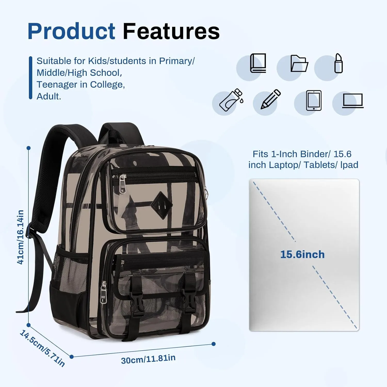 Clear Backpack for School, PVC Clear Bookbag Heavy Duty Transparent Backpack for Stadium Events See Through Bag