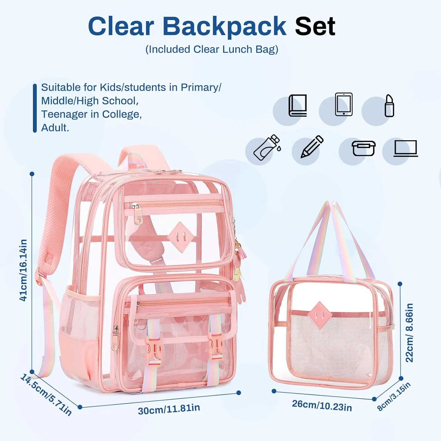Clear Backpack for School, PVC Clear Bookbag Heavy Duty Transparent Backpack for Stadium Events See Through Bag