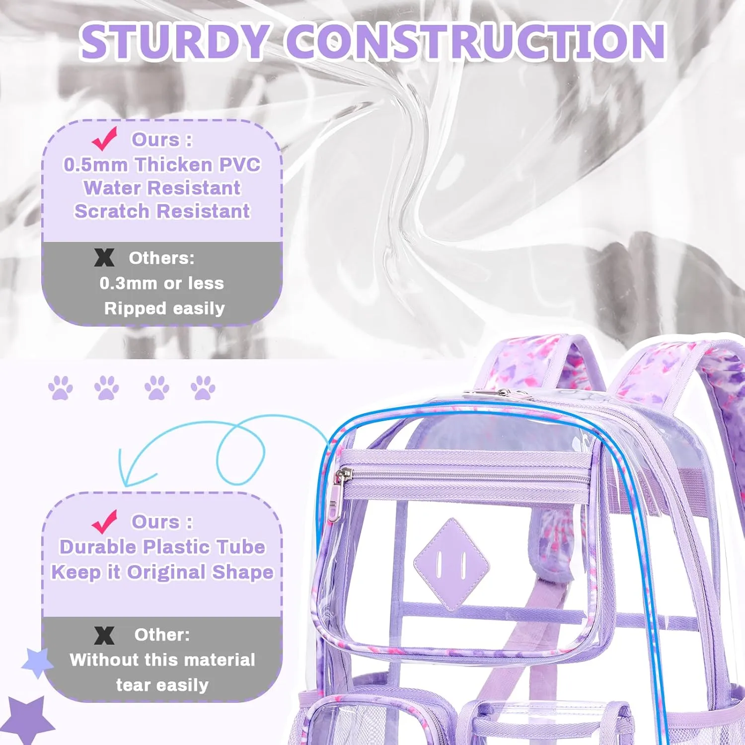 Clear Backpack for School,Heavy Duty PVC Transparent Bookbag for Girls Stadium Approved See Through Backpack