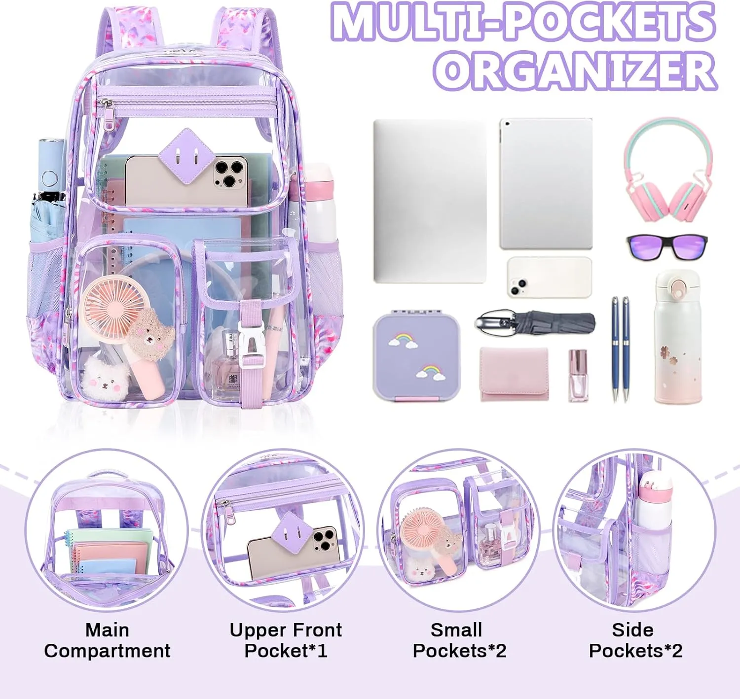 Clear Backpack for School,Heavy Duty PVC Transparent Bookbag for Girls Stadium Approved See Through Backpack