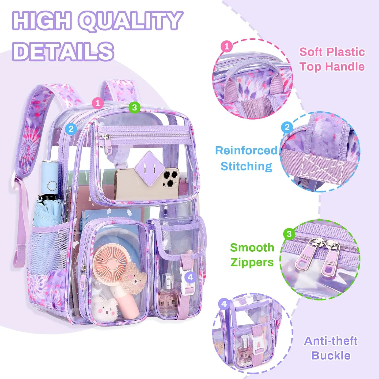 Clear Backpack for School,Heavy Duty PVC Transparent Bookbag for Girls Stadium Approved See Through Backpack