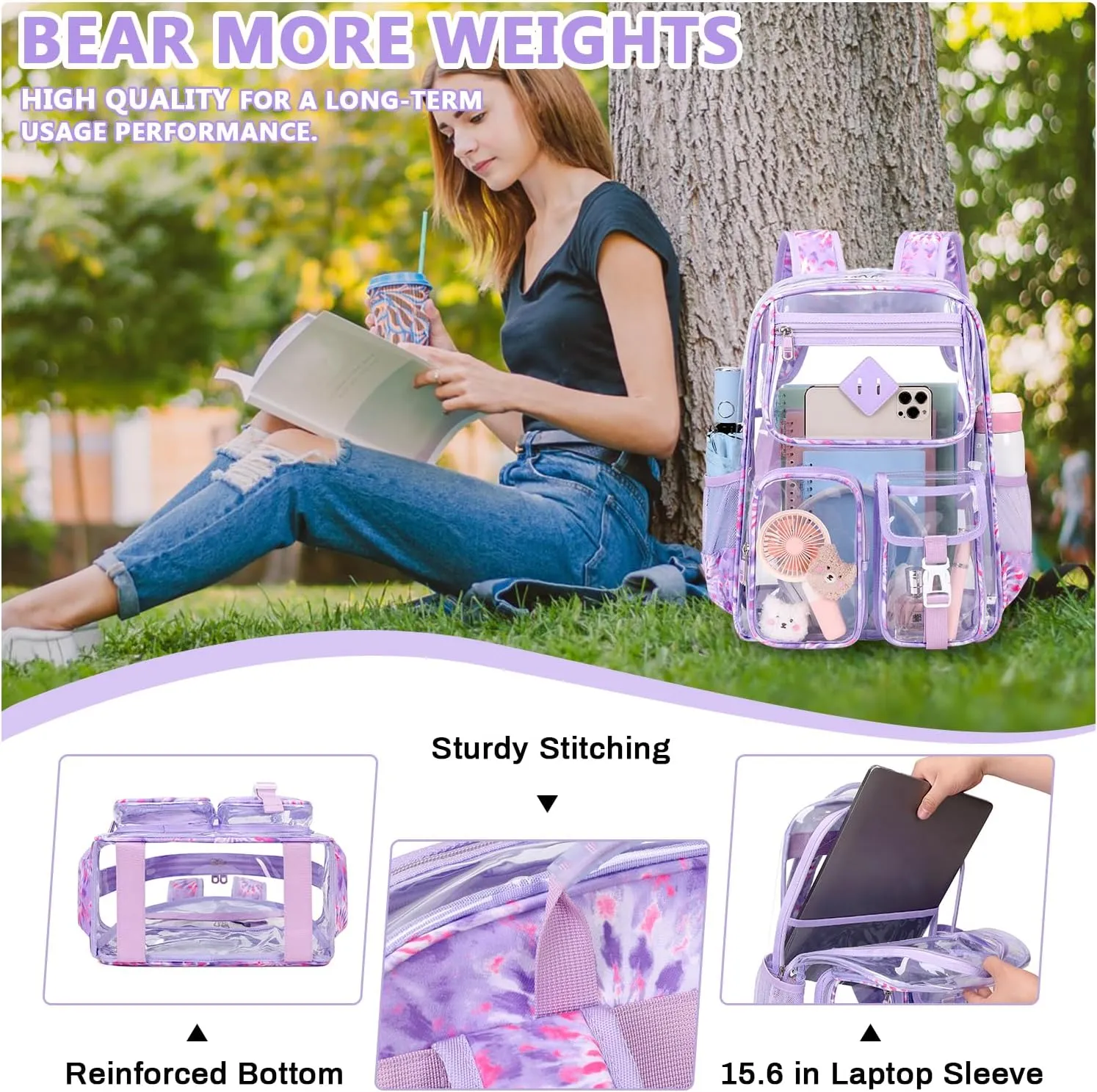 Clear Backpack for School,Heavy Duty PVC Transparent Bookbag for Girls Stadium Approved See Through Backpack