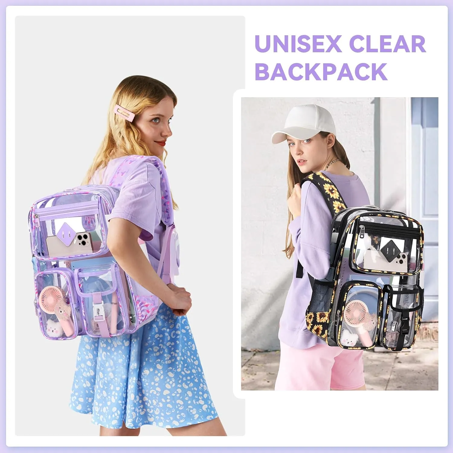 Clear Backpack for School,Heavy Duty PVC Transparent Bookbag for Girls Stadium Approved See Through Backpack