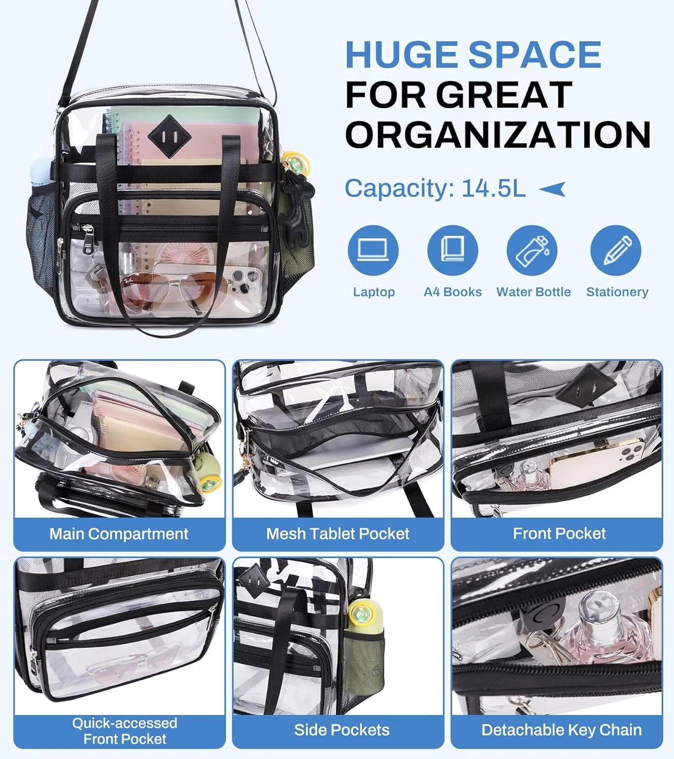 Clear Tote Bag - 12x6x12 See Through Stadium Event Bag for Women