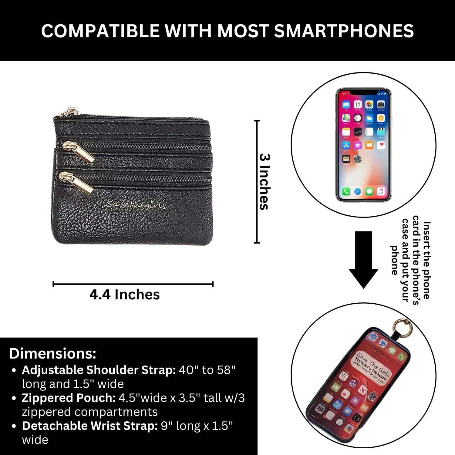 Clip & Go Phone Strap - Cross Body String with Zipper Wallet Pouch - Chain Purse Badge Holder
