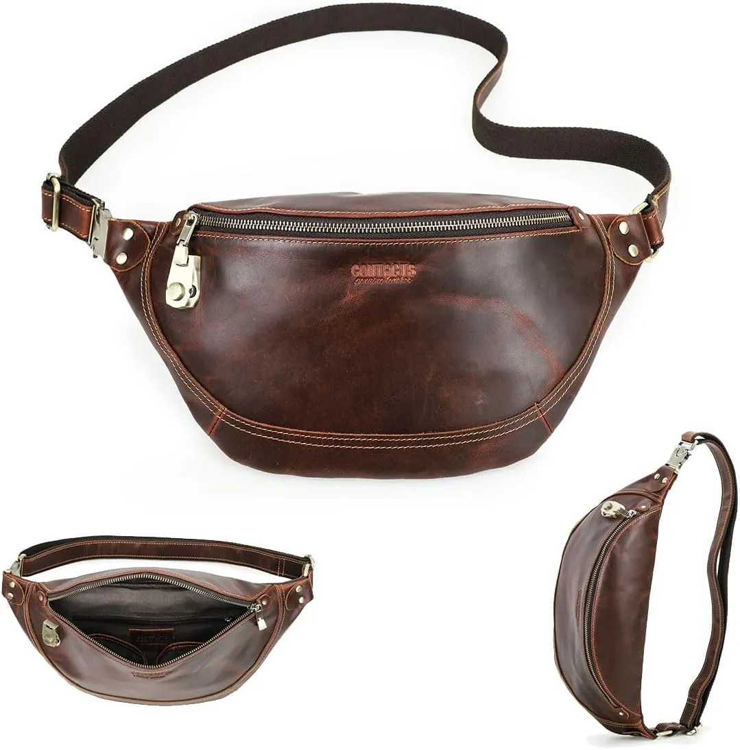 Code Lock Fanny Pack for Men Leather Crossbody Purse Travel Anti Theft Belt Bag Waist Pouch Brown Bum Bag 8.3" iPad Bag