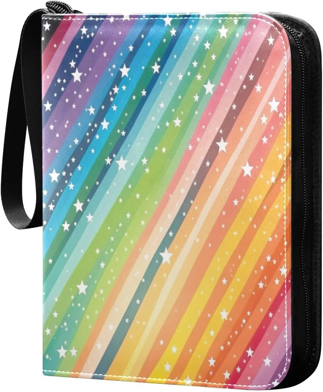 Colorful Striped Stars Card Binder with 50 Removable Page Sleeves PU Leather Collectible Trading Card Albums Book with Zipper for Games Card,Baseball Cards