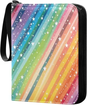 Colorful Striped Stars Card Binder with 50 Removable Page Sleeves PU Leather Collectible Trading Card Albums Book with Zipper for Games Card,Baseball Cards