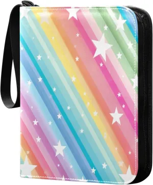 Colorful Striped Stars2 Card Binder with 50 Removable Page Sleeves PU Leather Collectible Trading Card Albums Book with Zipper for Games Card,Baseball Cards
