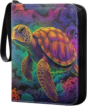Colorful Turtles Card Binder with 50 Removable Page Sleeves PU Leather Collectible Trading Card Albums Book with Zipper for Games Card,Baseball Cards