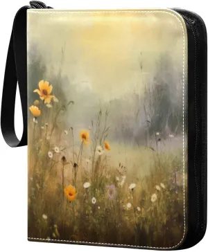 Colorful Wild Flowers (2) Card Binder with 50 Removable Page Sleeves PU Leather Collectible Trading Card Albums Book with Zipper for Games Card,Baseball Cards