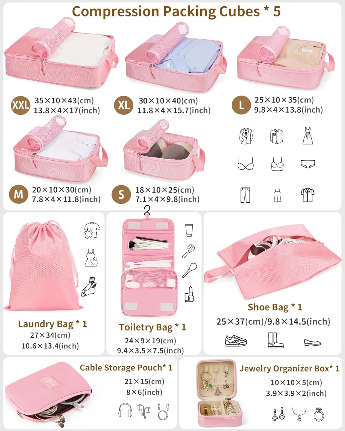 Compression Packing Cubes - 10 Set Suitcase Organizers, Expandable Compression Cubes - Pink Travel Essentials
