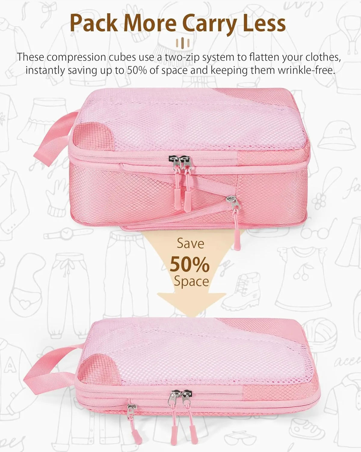 Compression Packing Cubes - 10 Set Suitcase Organizers, Expandable Compression Cubes - Pink Travel Essentials
