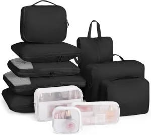Compression Packing Cubes 11 Set - Expandable Suitcase Organizers, Luggage Bags for Travel Essentials - Black