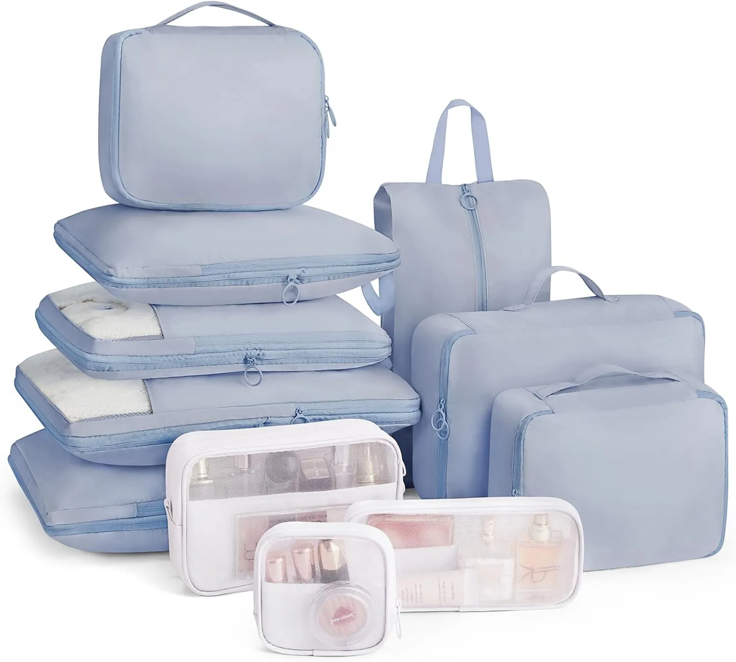 Compression Packing Cubes - 11 Set Suitcase Organizers, Expandable Luggage Bags with Blue Travel Essentials
