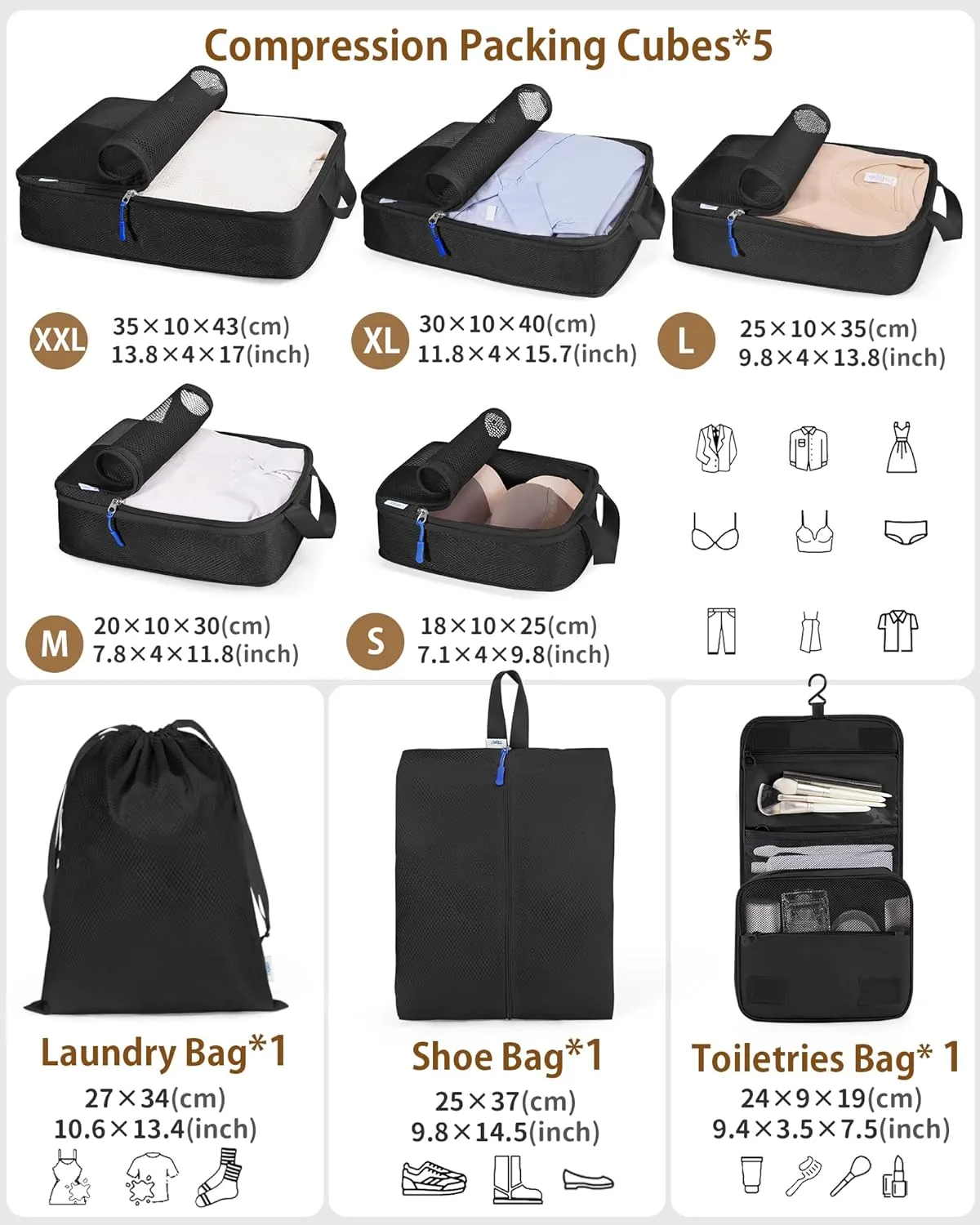 Compression Packing Cubes 8 Set, Suitcase Organizers, Luggage Organizer Bags for Travel, Expandable Packing Cubes for Travel Compression Essentials,Black