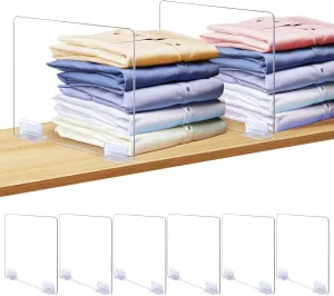 Consevisen Shelf Dividers, 6 Pack Acrylic Clear Shelf Dividers with Self-Adhesive Holders for Closet Organization Purse Handbag Organizer Multi-Purpose Wood Shelf Organizer for Bedroom Kitchen Office
