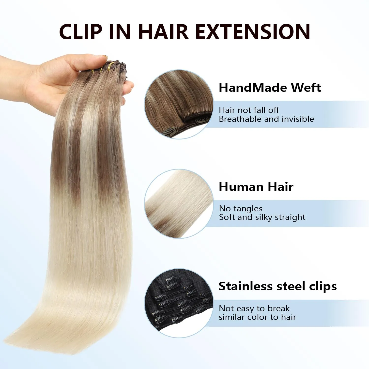 COOKAYU Clip in Hair Extensions Human Hair, 8/60 Ash Brown to Platinum Blonde Ombre Real Hair Extensions Clip in Human Hair, 20inch 120g 7Pcs