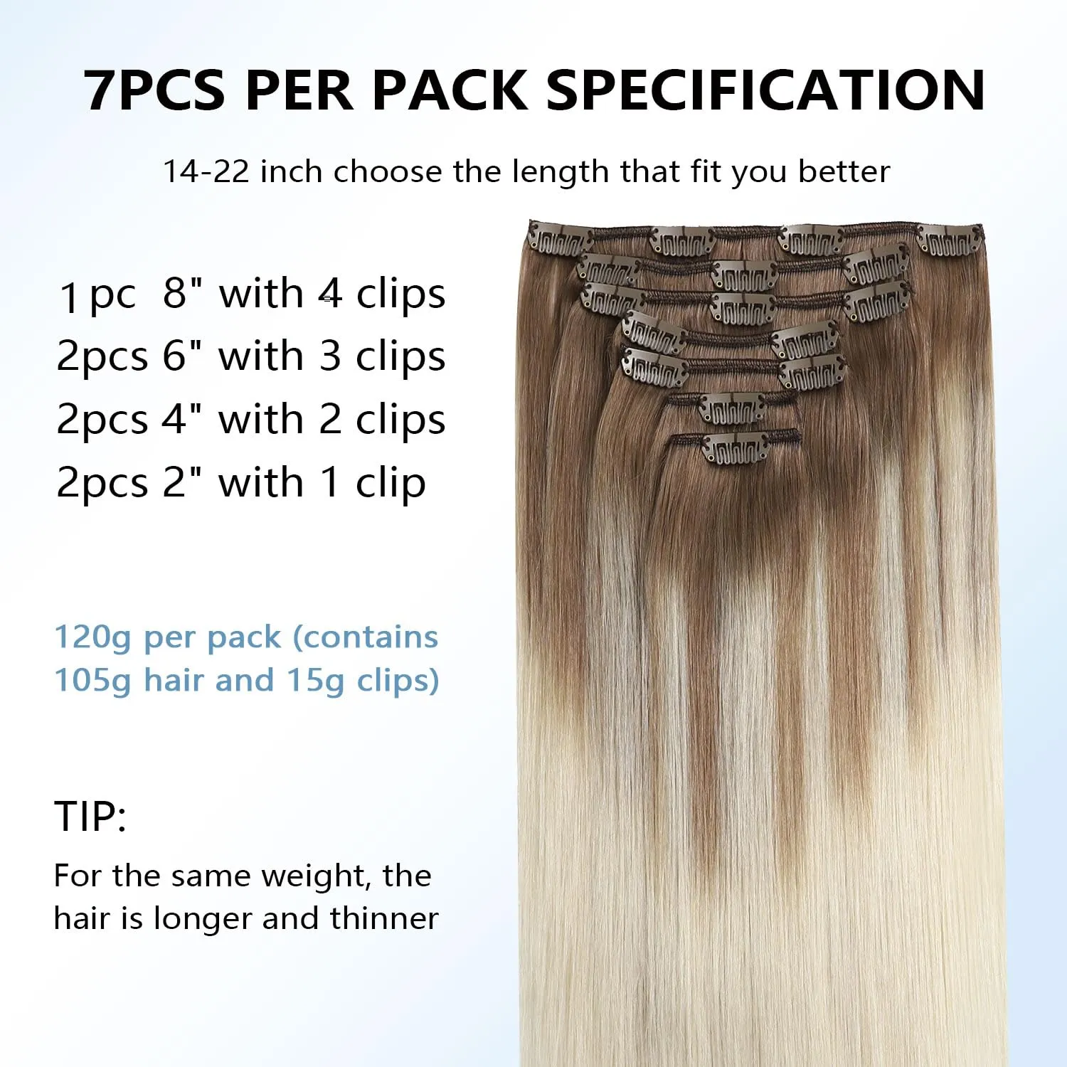 COOKAYU Clip in Hair Extensions Human Hair, 8/60 Ash Brown to Platinum Blonde Ombre Real Hair Extensions Clip in Human Hair, 20inch 120g 7Pcs