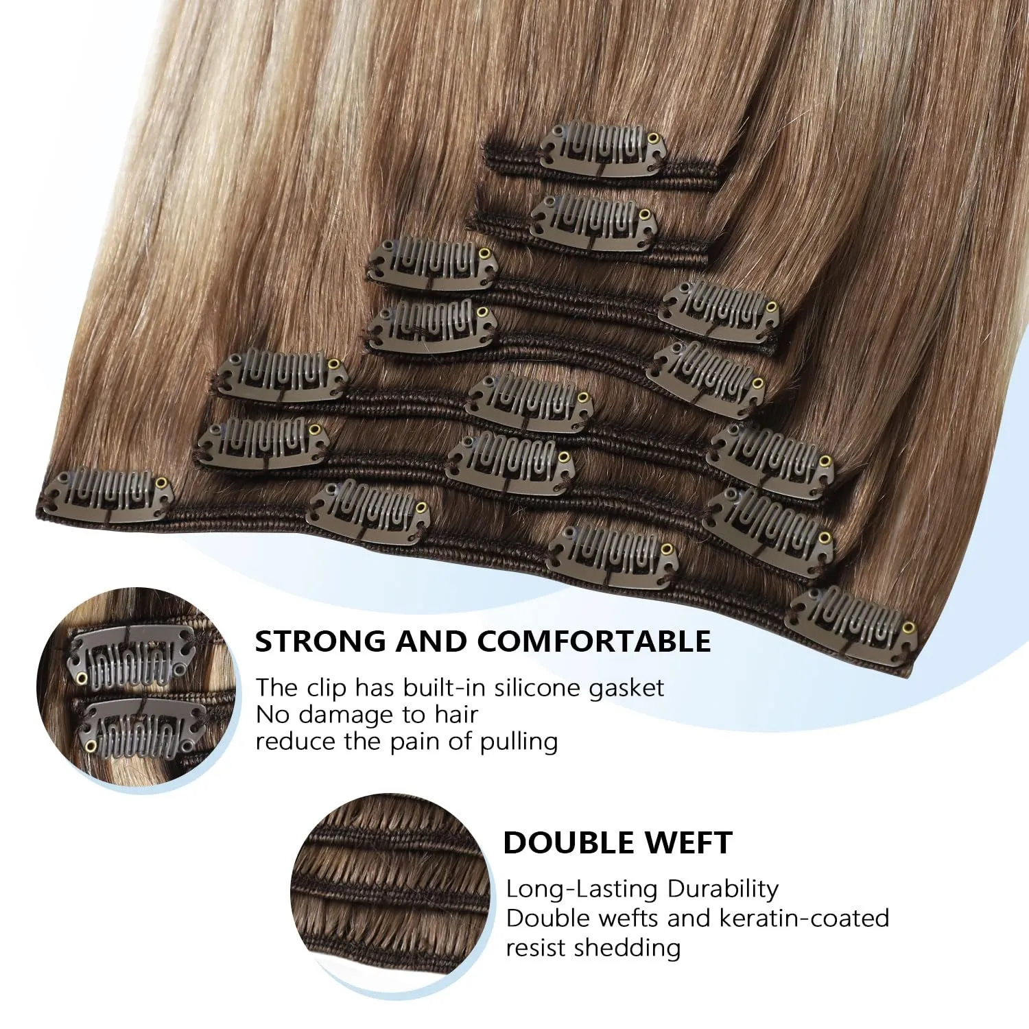 COOKAYU Clip in Hair Extensions Human Hair, 8/60 Ash Brown to Platinum Blonde Ombre Real Hair Extensions Clip in Human Hair, 20inch 120g 7Pcs