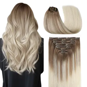 COOKAYU Clip in Hair Extensions Human Hair, 8/60 Ash Brown to Platinum Blonde Ombre Real Hair Extensions Clip in Human Hair, 20inch 120g 7Pcs