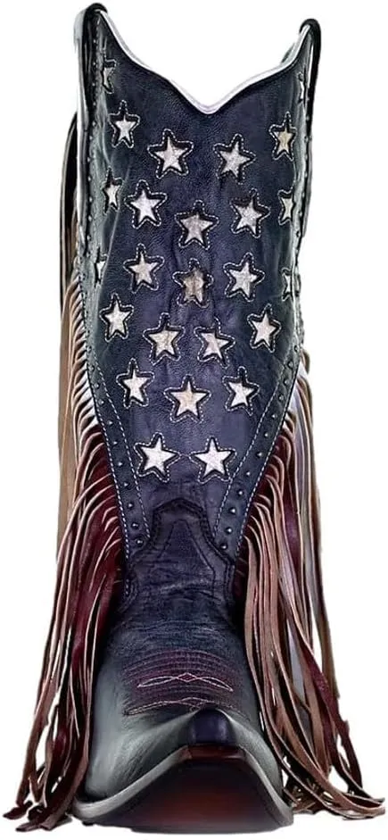 Corral Boots Women's Navy Blue Lamb Stars Inlay & Studs & Fringes Western Cowhide 13" Shaft Snip Toe Cowgirl Boots