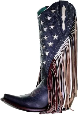 Corral Boots Women's Navy Blue Lamb Stars Inlay & Studs & Fringes Western Cowhide 13" Shaft Snip Toe Cowgirl Boots