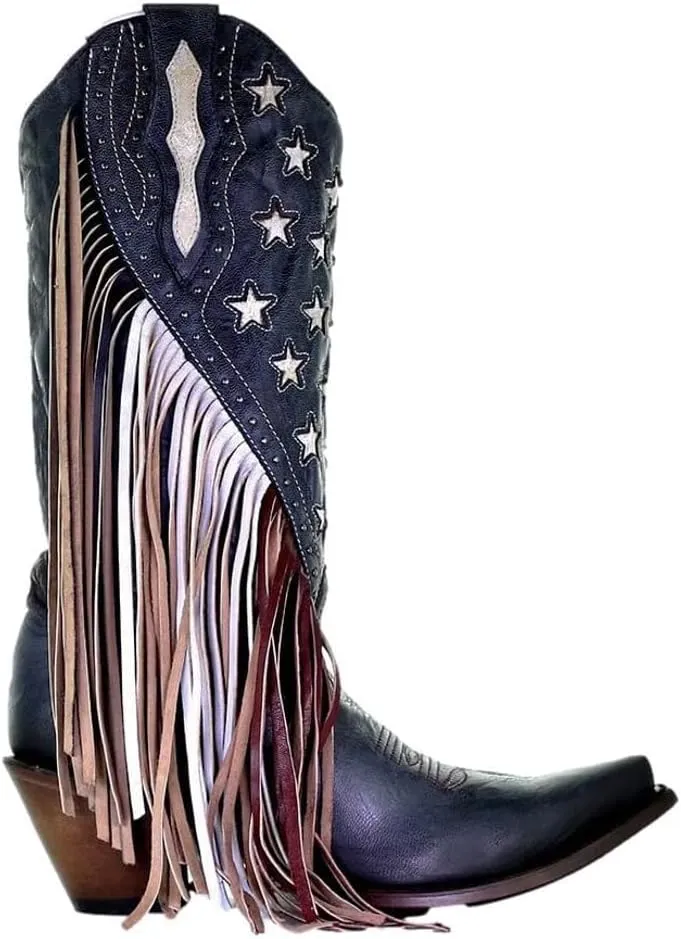 Corral Boots Women's Navy Blue Lamb Stars Inlay & Studs & Fringes Western Cowhide 13" Shaft Snip Toe Cowgirl Boots