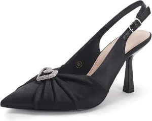 Coutgo Womens Rhinestone Satin Heels Slingback Closed Pointed Toe Pumps Dress Shoes High Heels Sexy Wedding Bride Stilettos Shoes