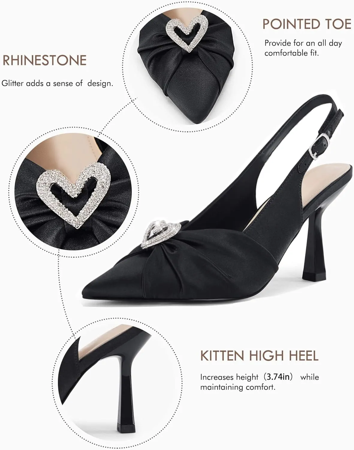 Coutgo Womens Rhinestone Satin Heels Slingback Closed Pointed Toe Pumps Dress Shoes High Heels Sexy Wedding Bride Stilettos Shoes