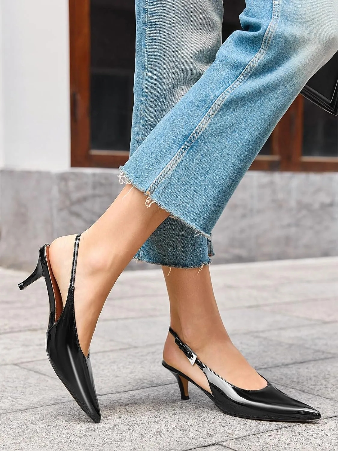 Coutgo Womens Slingback Heels Kitten Low Heel Dress Shoes Closed Pointed Toe Buckle Pumps Work Wedding Shoes