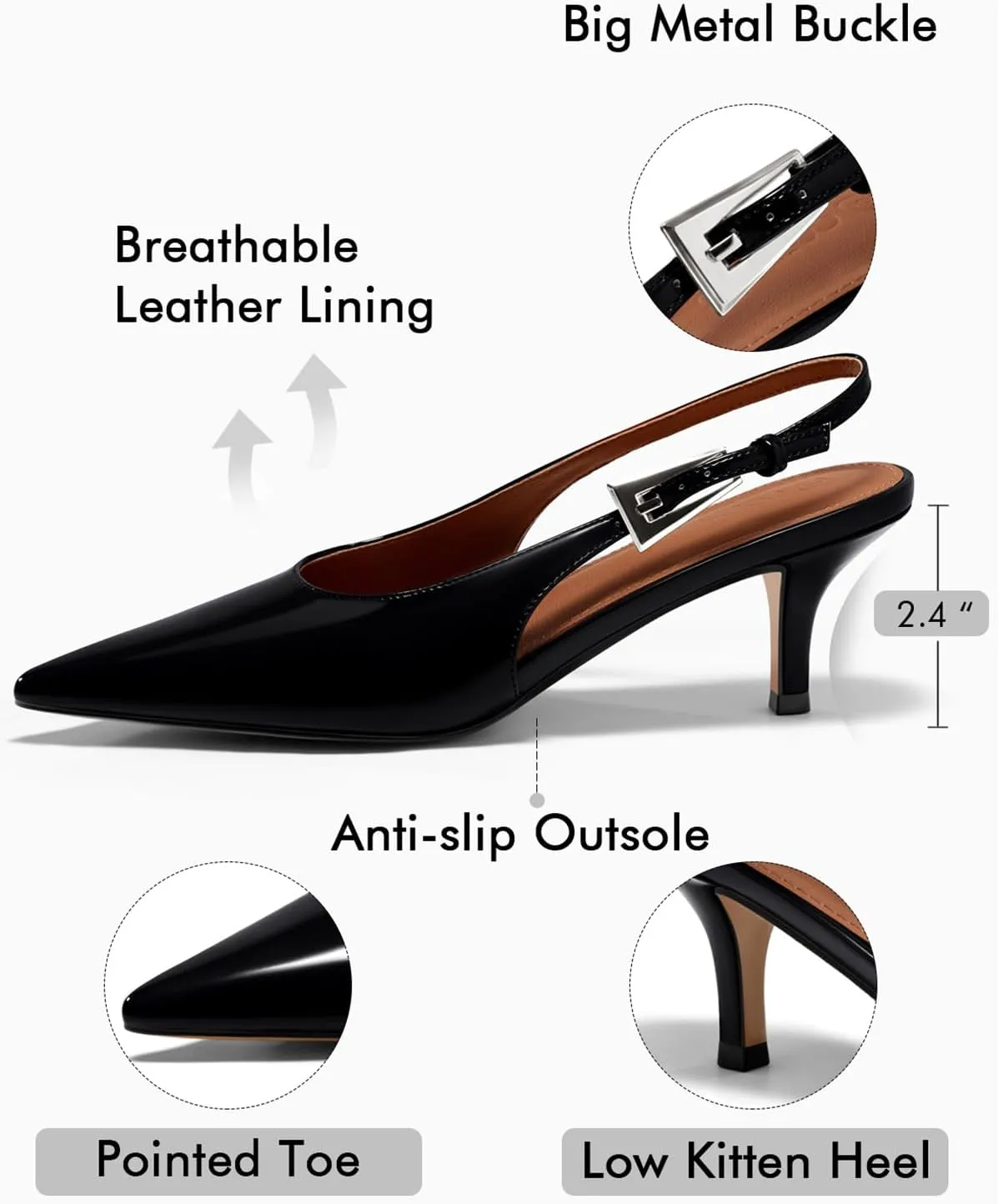 Coutgo Womens Slingback Heels Kitten Low Heel Dress Shoes Closed Pointed Toe Buckle Pumps Work Wedding Shoes