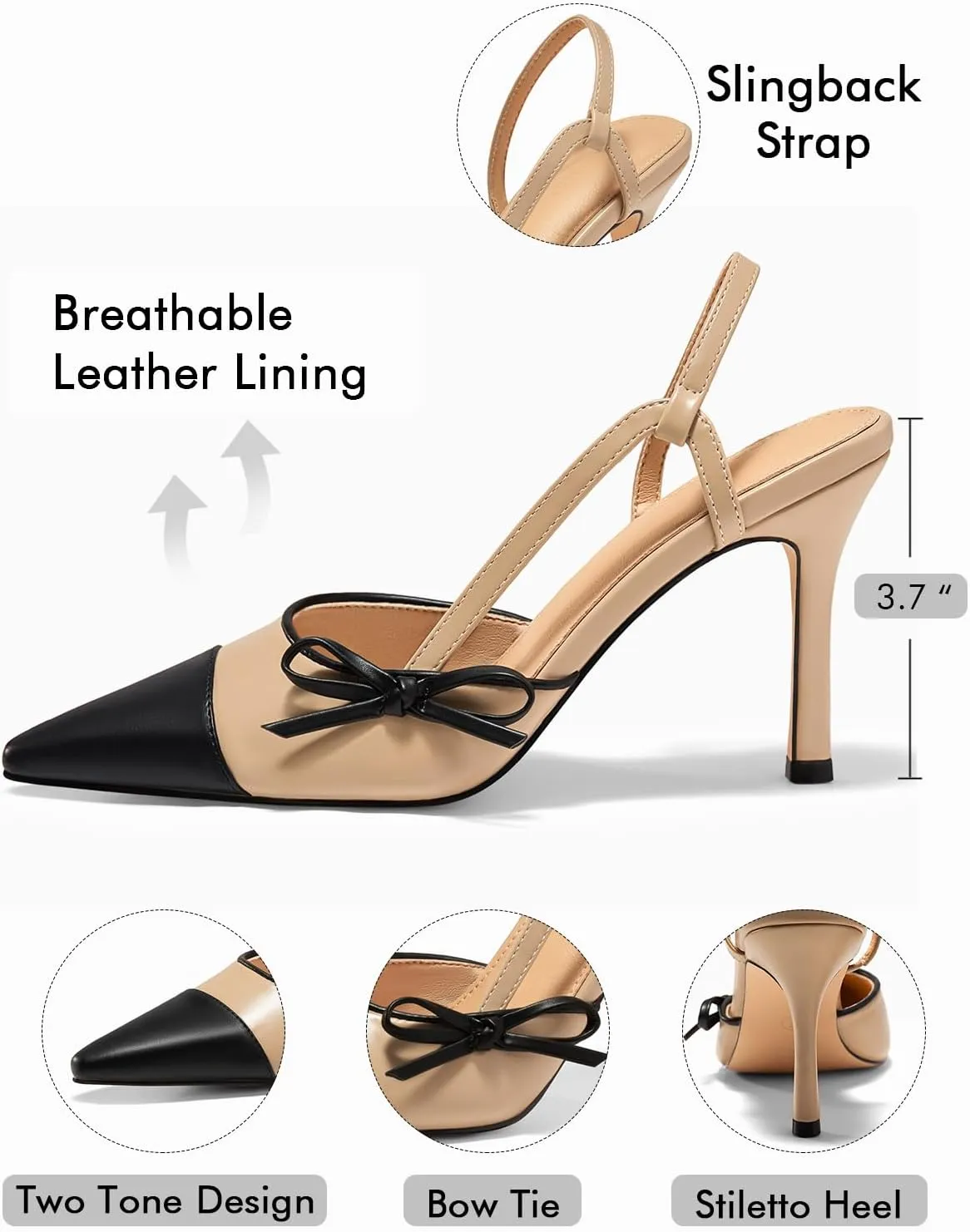 Coutgo Womens Slingback High Heels Bow Tie Closed Pointed Toe Sexy Stiletto Two Tone Dress Pumps Shoes