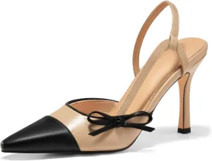 Coutgo Womens Slingback High Heels Bow Tie Closed Pointed Toe Sexy Stiletto Two Tone Dress Pumps Shoes