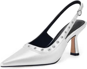Coutgo Womens Slingback Kitten Heels Studded Closed Pointed Toe Slip On Leather Pumps Work Dress Shoes