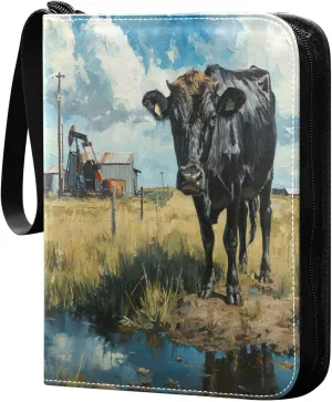 Cow Painting Card Binder with 50 Removable Page Sleeves PU Leather Collectible Trading Card Albums Book with Zipper for Games Card,Baseball Cards