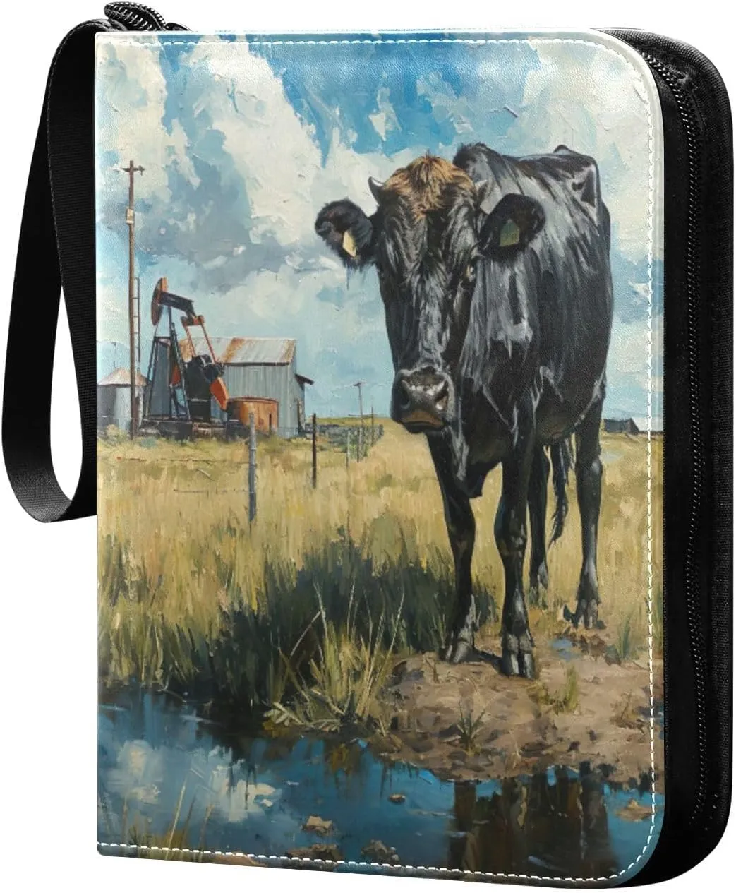 Cow Painting Card Binder with 50 Removable Page Sleeves PU Leather Collectible Trading Card Albums Book with Zipper for Games Card,Baseball Cards