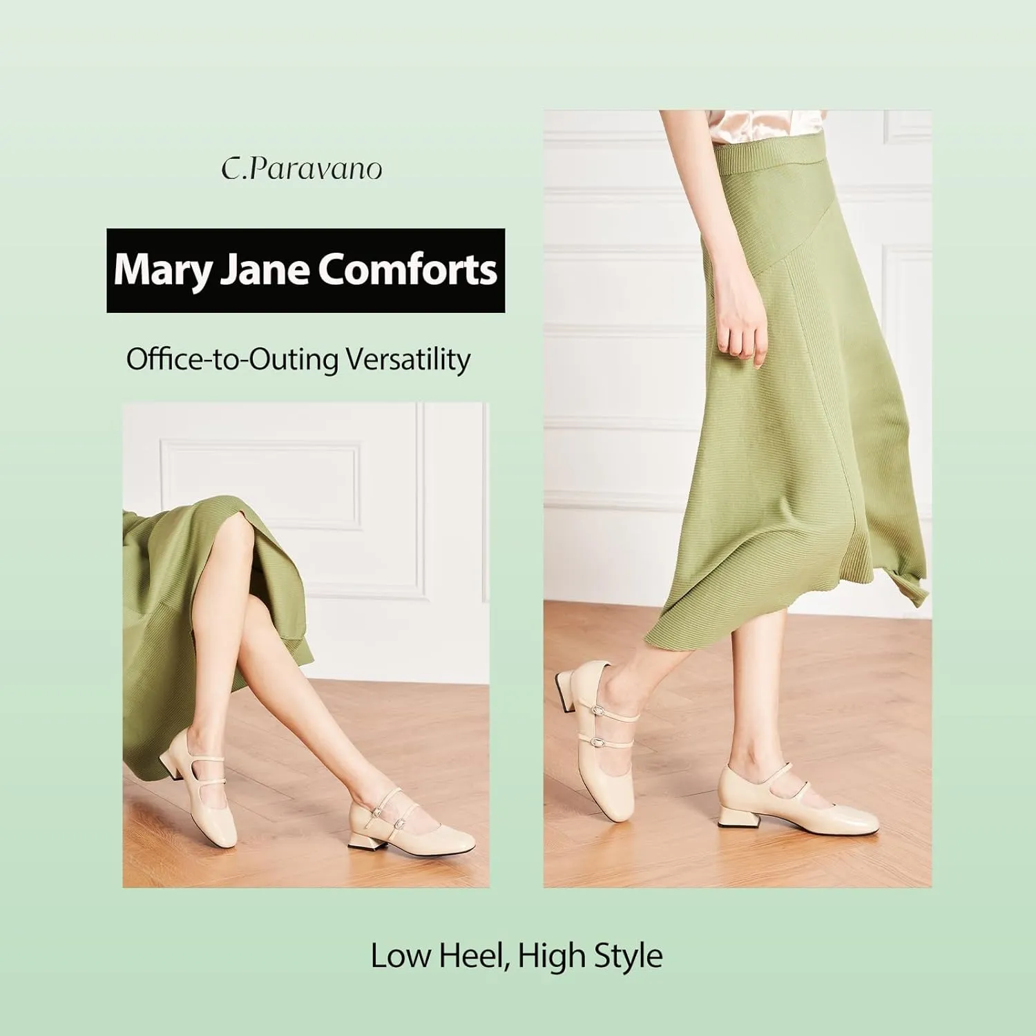 C.Paravano Women Mary Jane Low Block Heels - Square Toe Double Strap Dress Shoes Work Pumps Comfortable for Daily Wear, Office, Party, Wedding, Dating, Spring/Summer Events, Formal/Casual Occasions