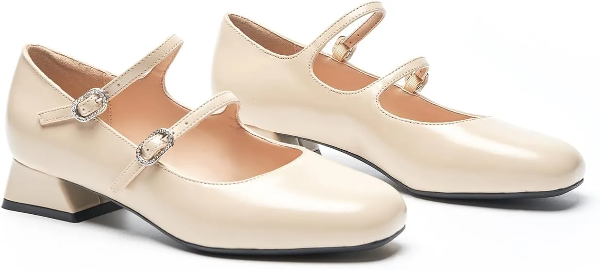 C.Paravano Women Mary Jane Low Block Heels - Square Toe Double Strap Dress Shoes Work Pumps Comfortable for Daily Wear, Office, Party, Wedding, Dating, Spring/Summer Events, Formal/Casual Occasions