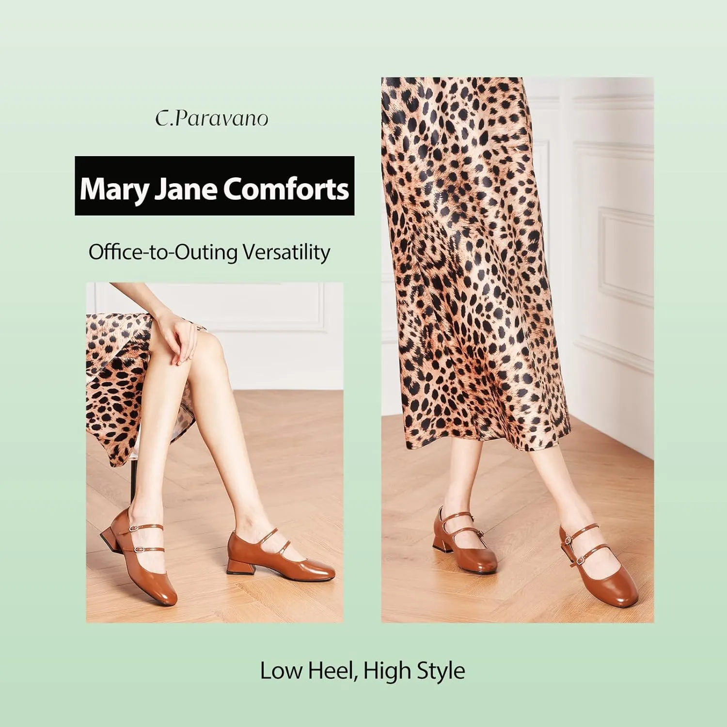 C.Paravano Women Mary Jane Low Block Heels - Square Toe Double Strap Dress Shoes Work Pumps Comfortable for Daily Wear, Office, Party, Wedding, Dating, Spring/Summer Events, Formal/Casual Occasions