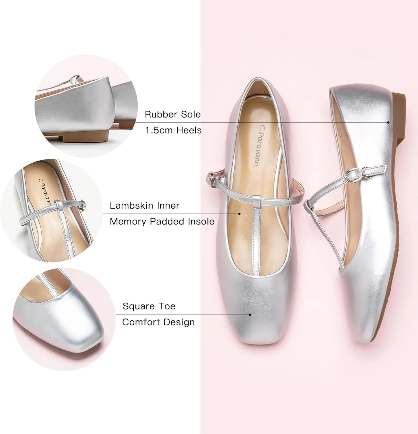 C.Paravano Women's Mary Jane Flats | Comfortable Square Toe Ballet Flats | Mary Jane Shoes with Strap | Casual Dress Flat Shoes for Party Wedding & Work Office，Date Nights
