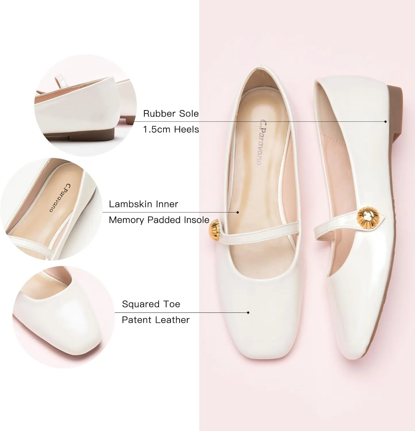 C.Paravano Women's Mary Jane Flats | Comfortable Square Toe Ballet Flats | Mary Jane Shoes with Strap | Casual Dress Flat Shoes for Party Wedding & Work Office，Date Nights