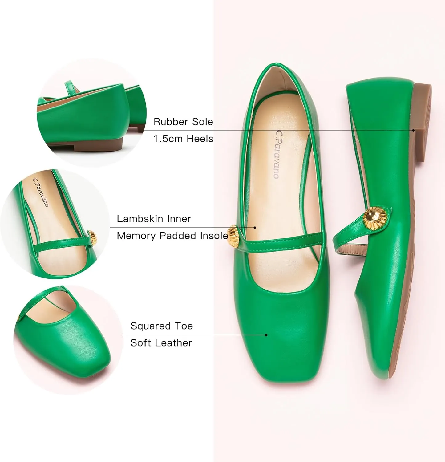 C.Paravano Women's Mary Jane Flats | Comfortable Square Toe Ballet Flats | Mary Jane Shoes with Strap | Casual Dress Flat Shoes for Party Wedding & Work Office，Date Nights