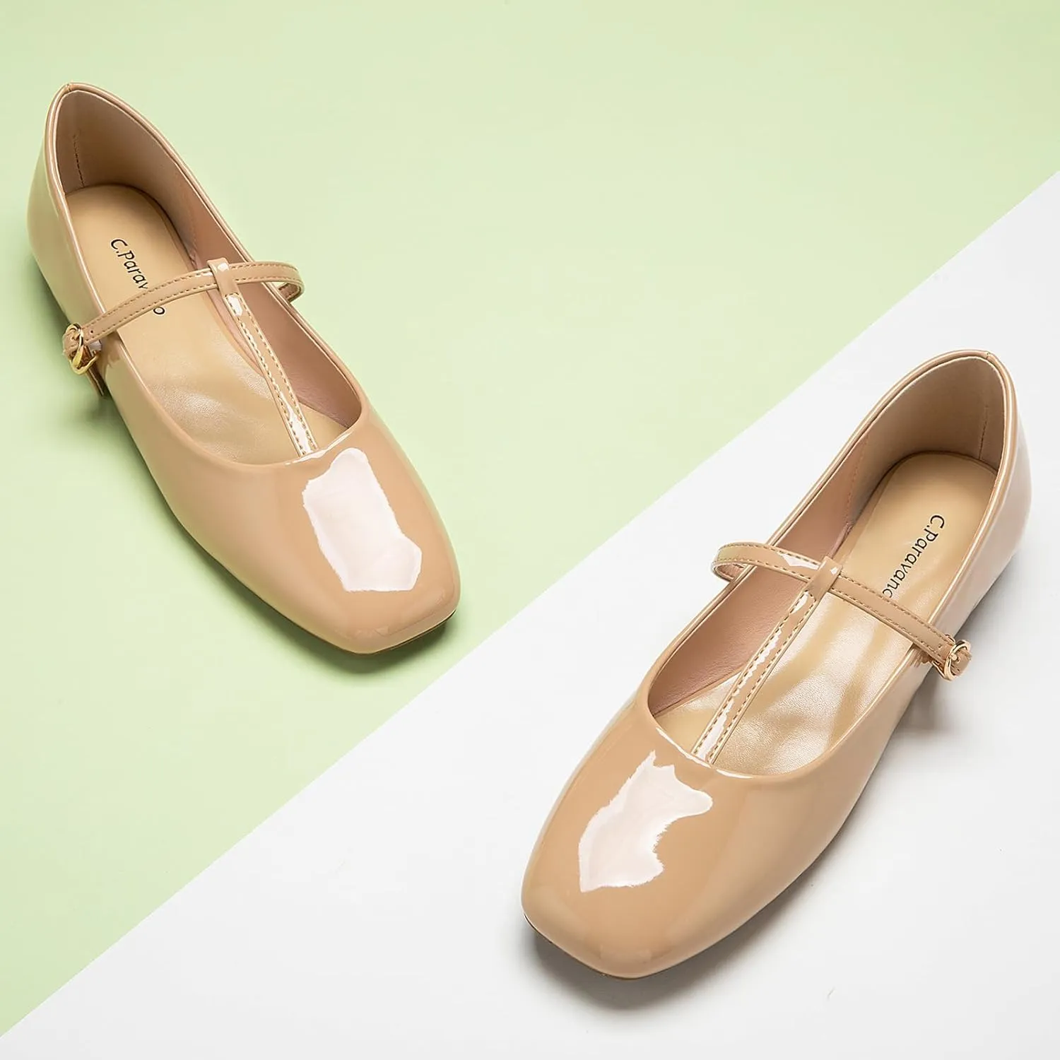 C.Paravano Women's Mary Jane Flats | Comfortable Square Toe Ballet Flats | Mary Jane Shoes with Strap | Casual Dress Flat Shoes for Party Wedding & Work Office，Date Nights