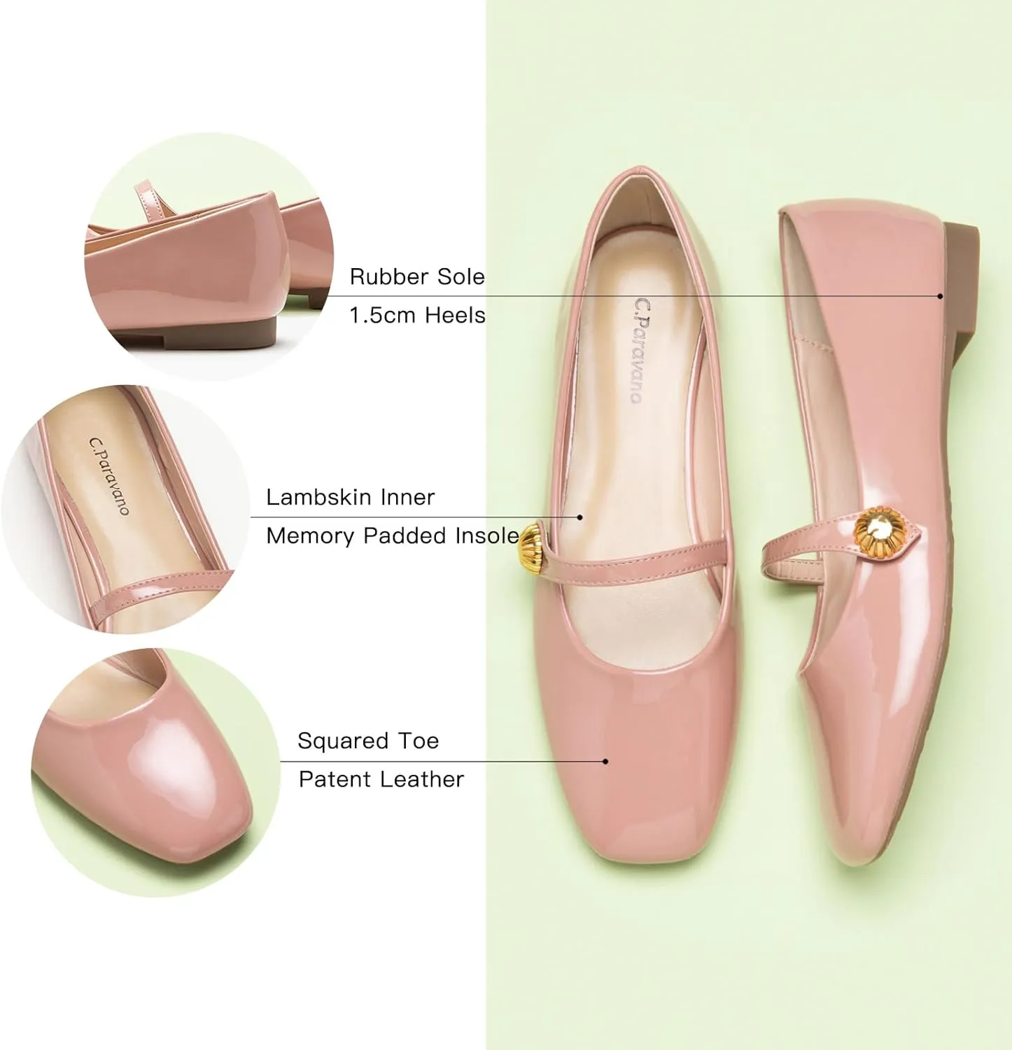 C.Paravano Women's Mary Jane Flats | Comfortable Square Toe Ballet Flats | Mary Jane Shoes with Strap | Casual Dress Flat Shoes for Party Wedding & Work Office，Date Nights