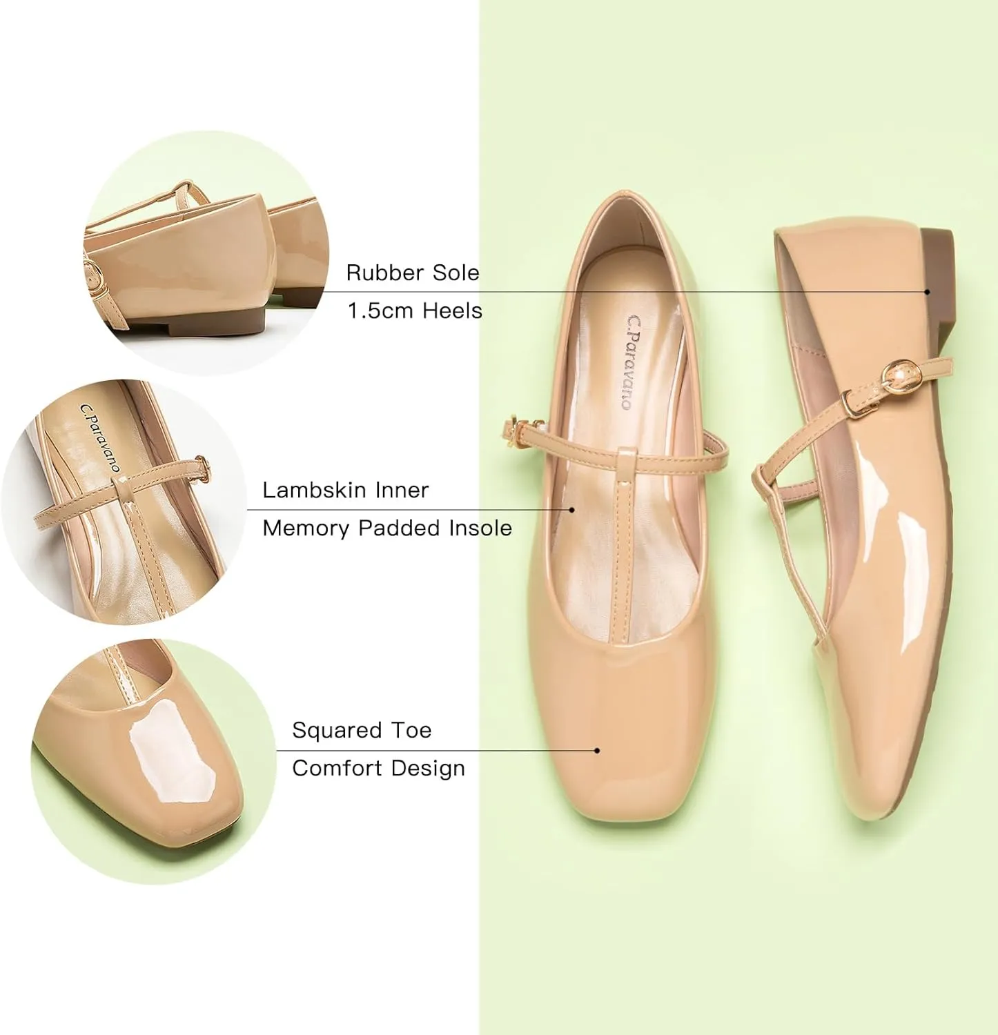 C.Paravano Women's Mary Jane Flats | Comfortable Square Toe Ballet Flats | Mary Jane Shoes with Strap | Casual Dress Flat Shoes for Party Wedding & Work Office，Date Nights