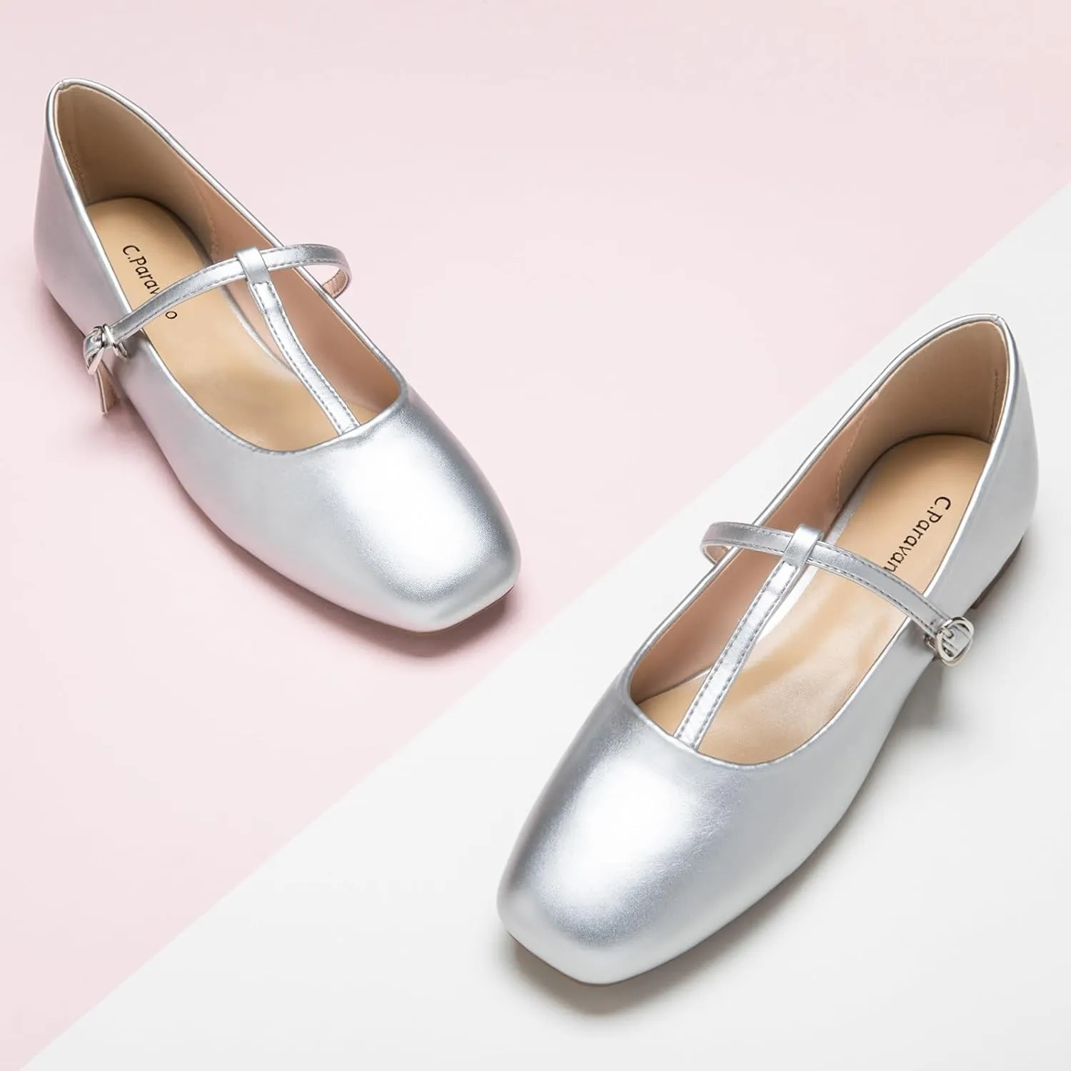 C.Paravano Women's Mary Jane Flats | Comfortable Square Toe Ballet Flats | Mary Jane Shoes with Strap | Casual Dress Flat Shoes for Party Wedding & Work Office，Date Nights