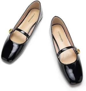 C.Paravano Women's Mary Jane Flats | Comfortable Square Toe Ballet Flats | Mary Jane Shoes with Strap | Casual Dressy Flat Black Shoes for Work Party or Date Nights (Size 9.5,Black)