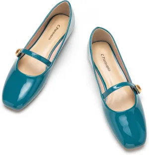 C.Paravano Women's Mary Jane Flats | Comfortable Square Toe Ballet Flats | Mary Jane Shoes with Strap | Casual Dressy Flat Shoes for Work Party or Date Nights (Size 5.5,Blue)